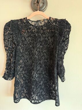 Maje Black Floral Lace Puff Shoulder 3/4 Sleeve Blouse Top Size 1 Small